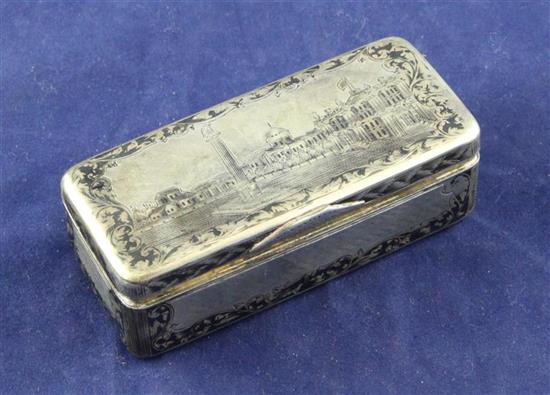 A 19th century Russian 84 zolotnik silver and niello rectangular snuff box, 3in.